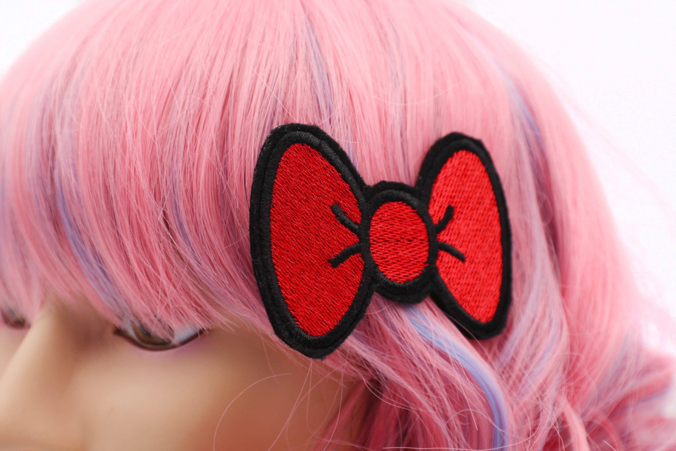 Red Anime Hair Bows, Kawaii Embroidered Cartoon Style
