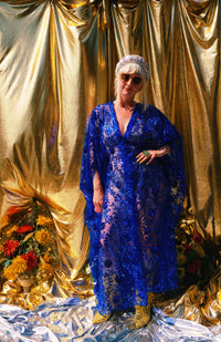Desert Blue Lace Sequin V-Neck Kaftan Gown
