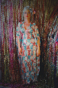 Pink, Blue and White Circle V-Neck Maxi Dress Kaftan