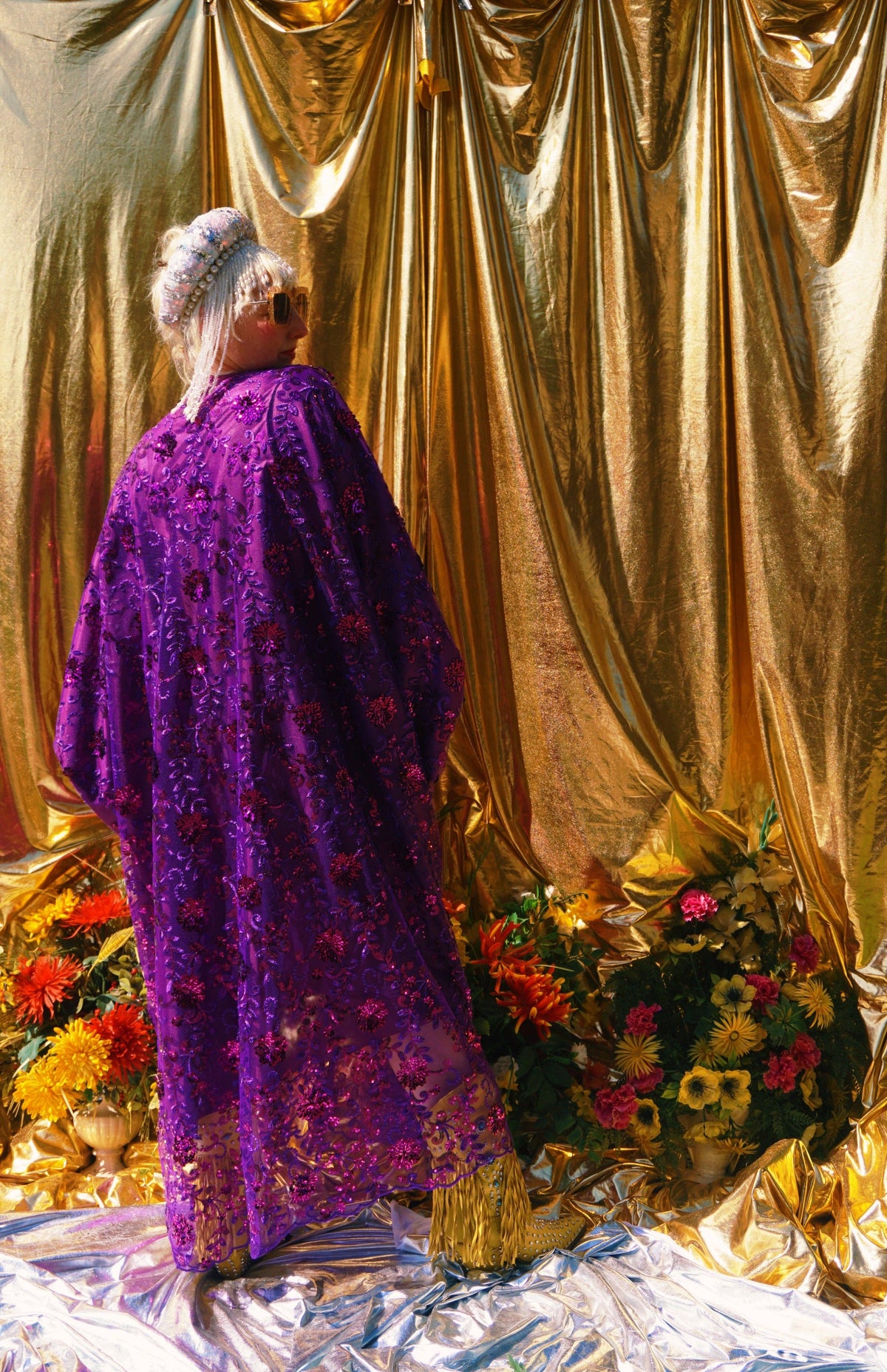 Desert Amethyst Lace Sequin V-Neck Kaftan Gown