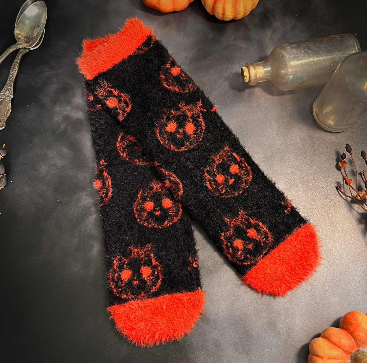 Fuzzy Pumpkin Cat Socks | Silky soft | Halloween