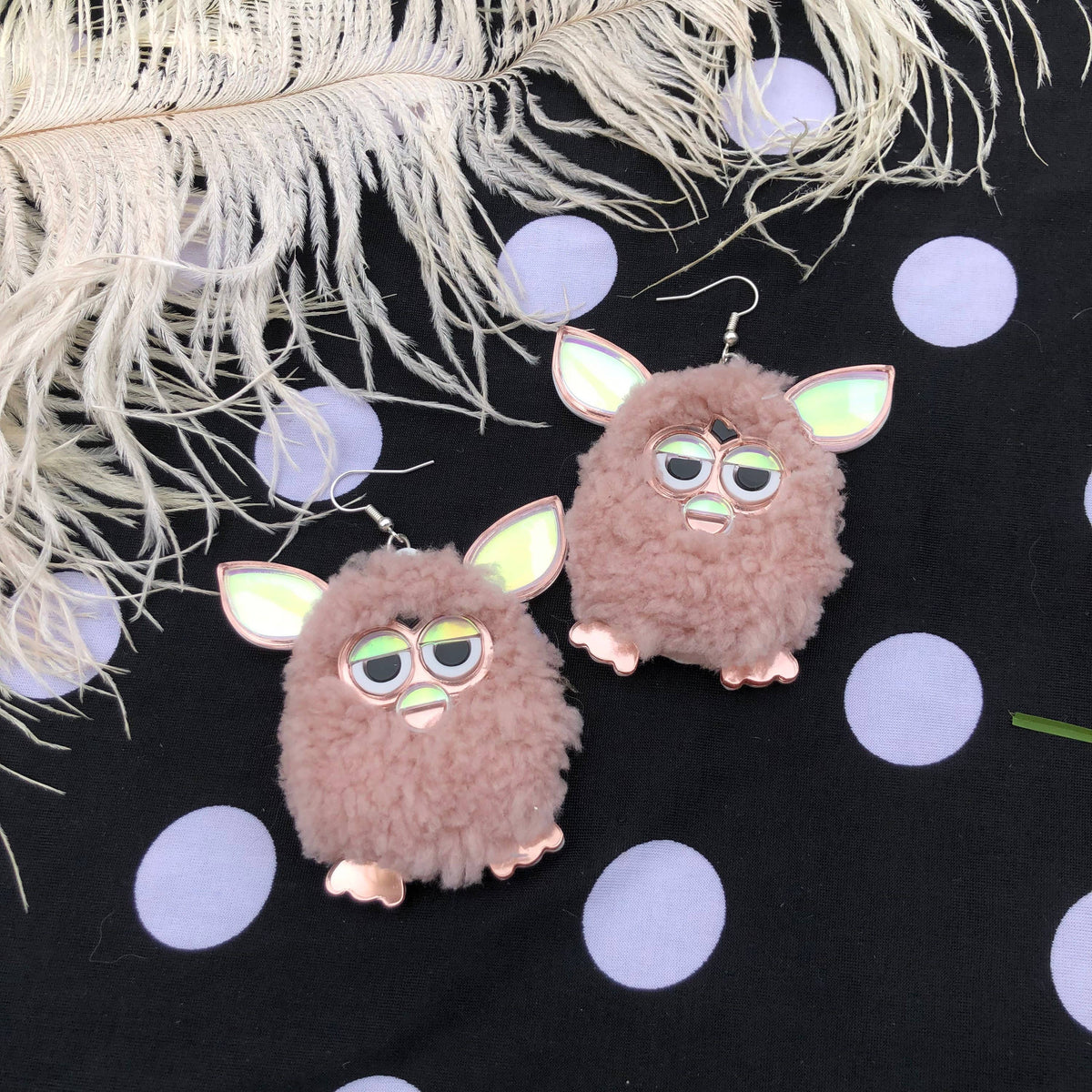 Rose Pink Furry Furby Earrings, Laser Cut Acrylic, Plastic Jewelry
