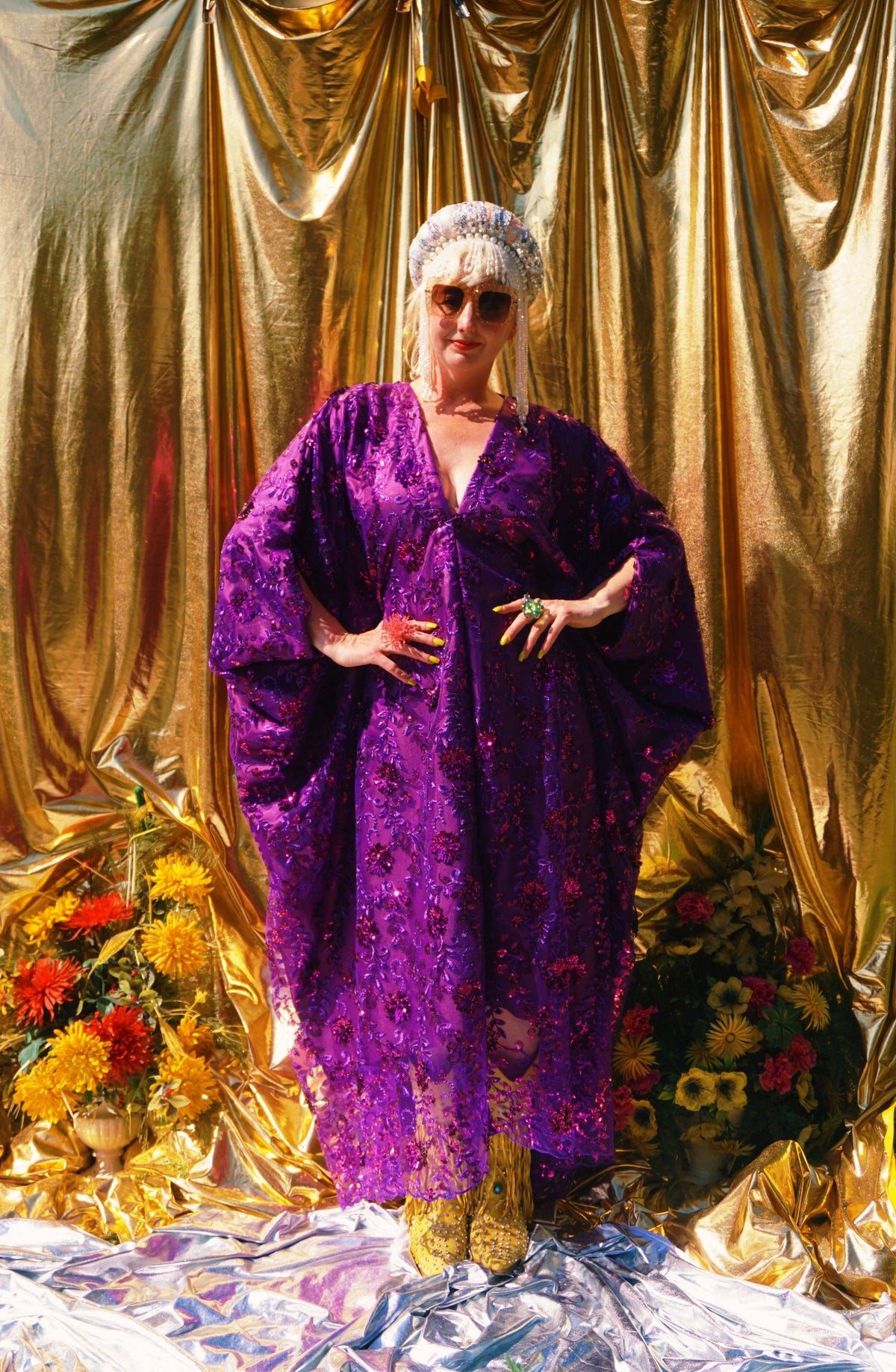 Desert Amethyst Lace Sequin V-Neck Kaftan Gown