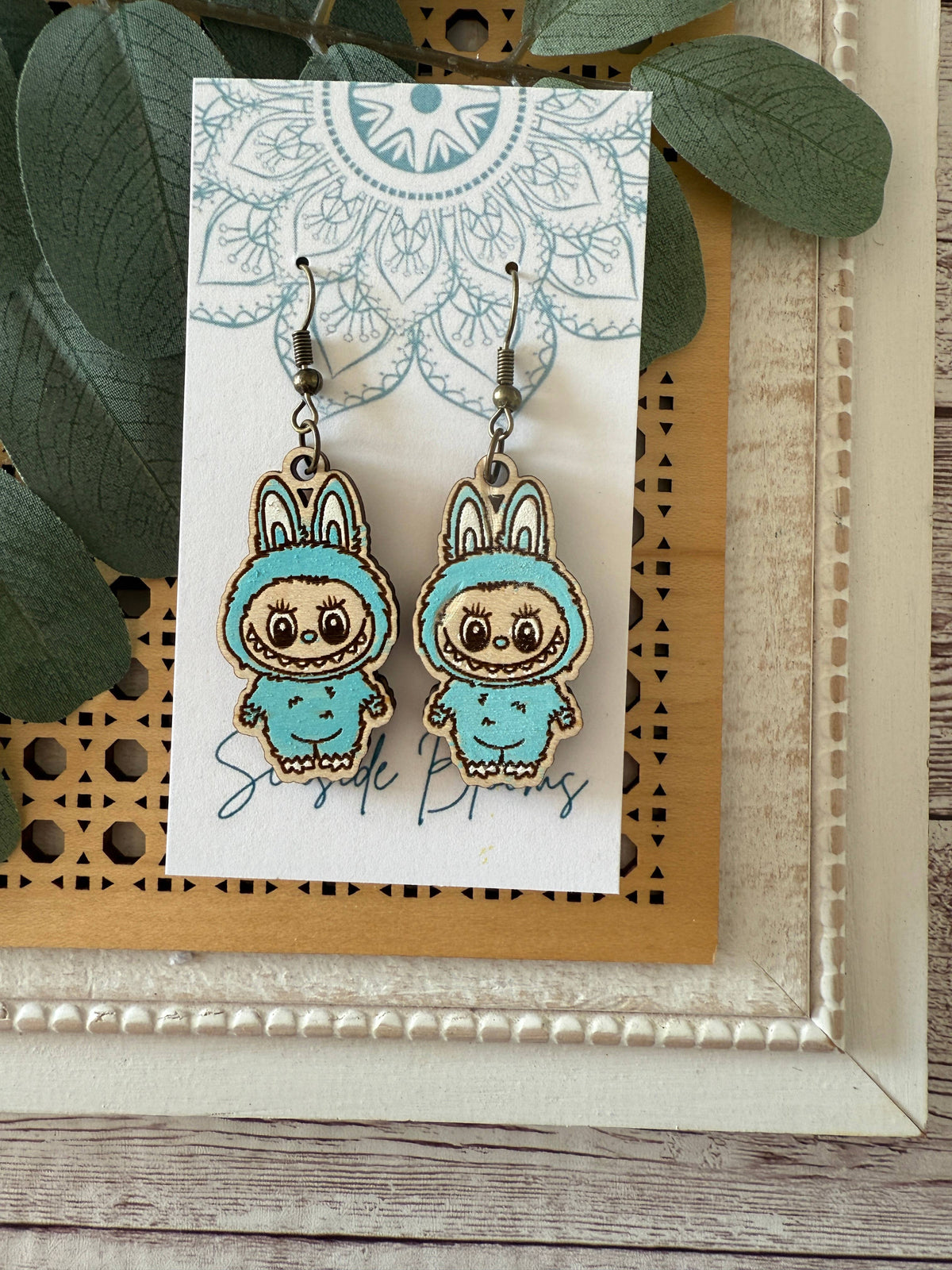 Labubu inspired monster style hand painted  wood earrings