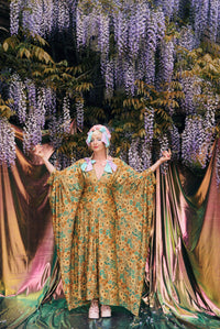 Golden Meadow Print V-Neck Kaftan Gown