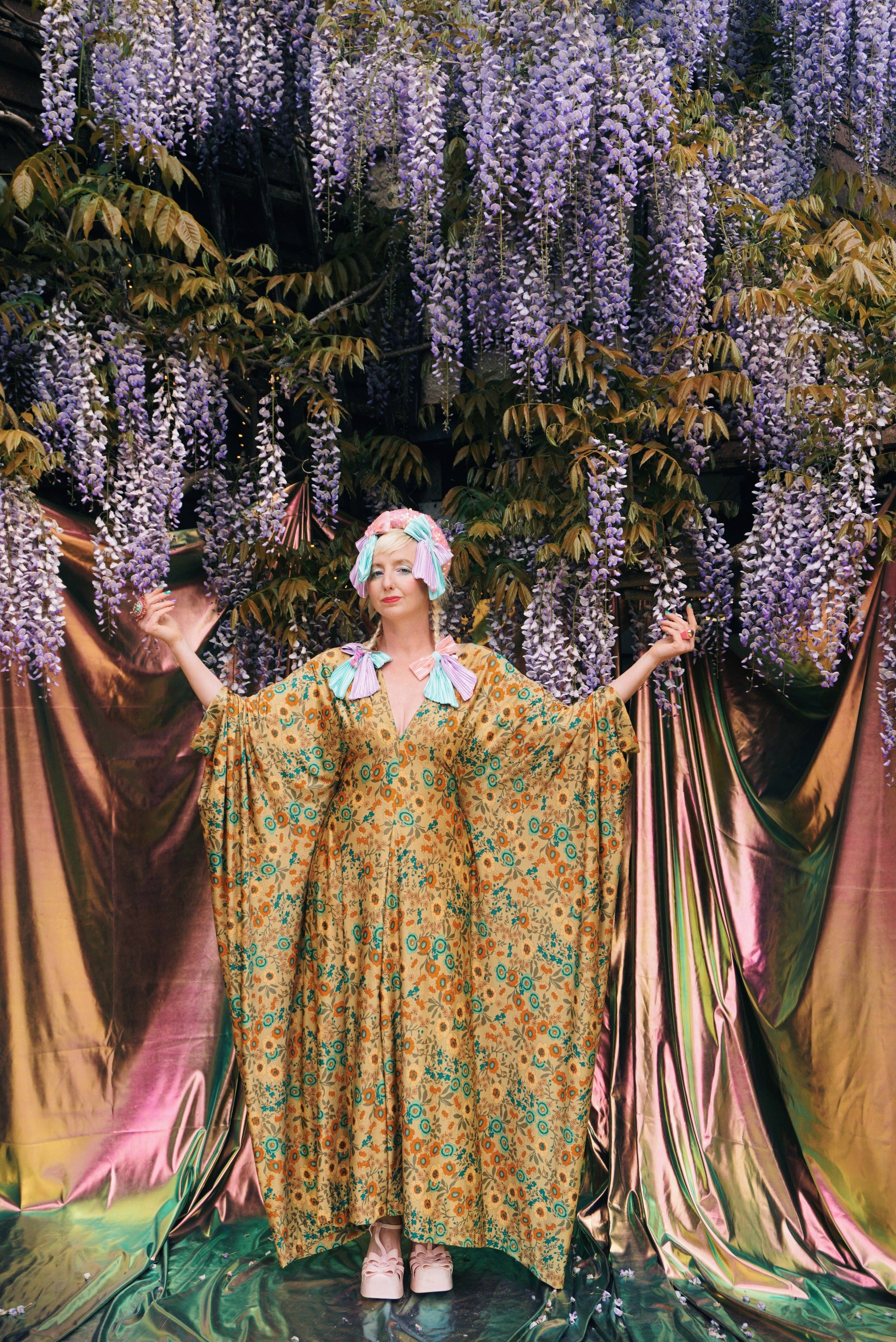 Golden Meadow Print V-Neck Kaftan Gown