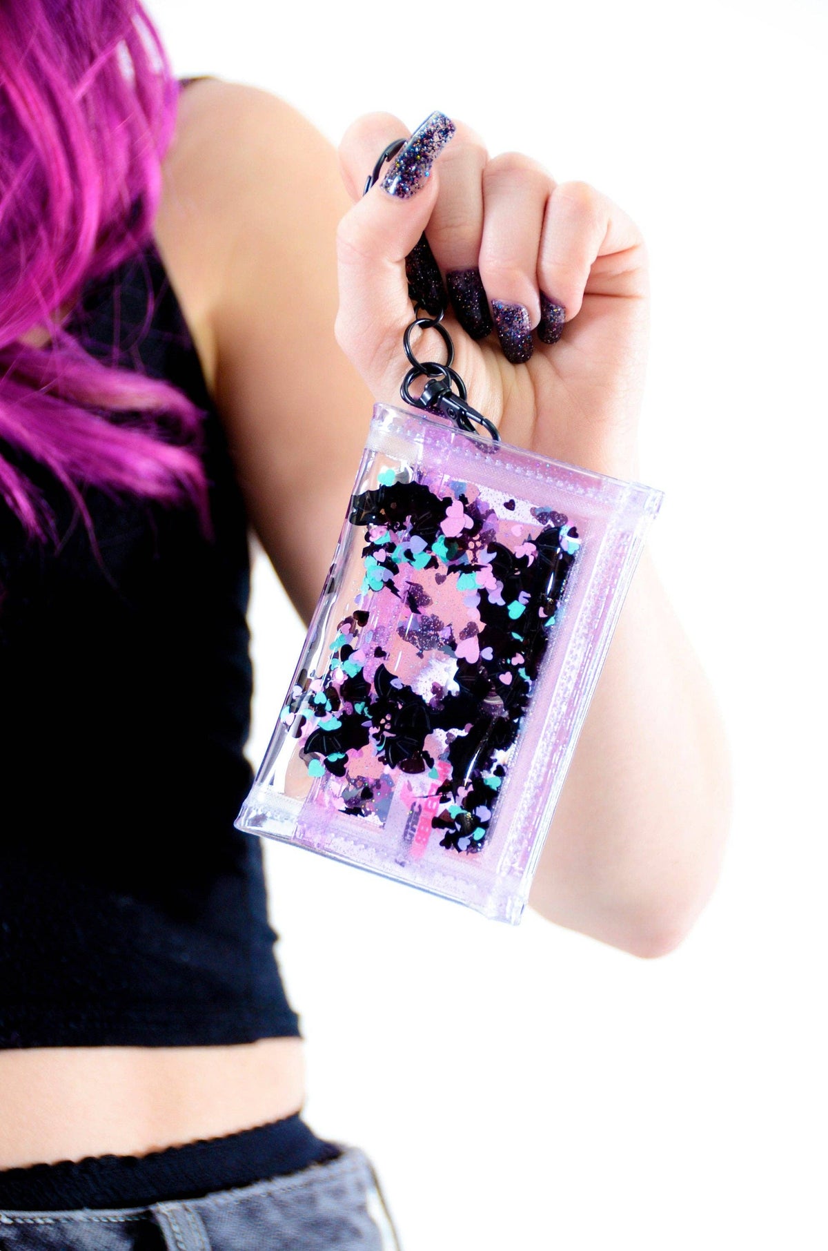 Liquid Glitter Tiny Wallet - Nocturnal Hearts - Clear