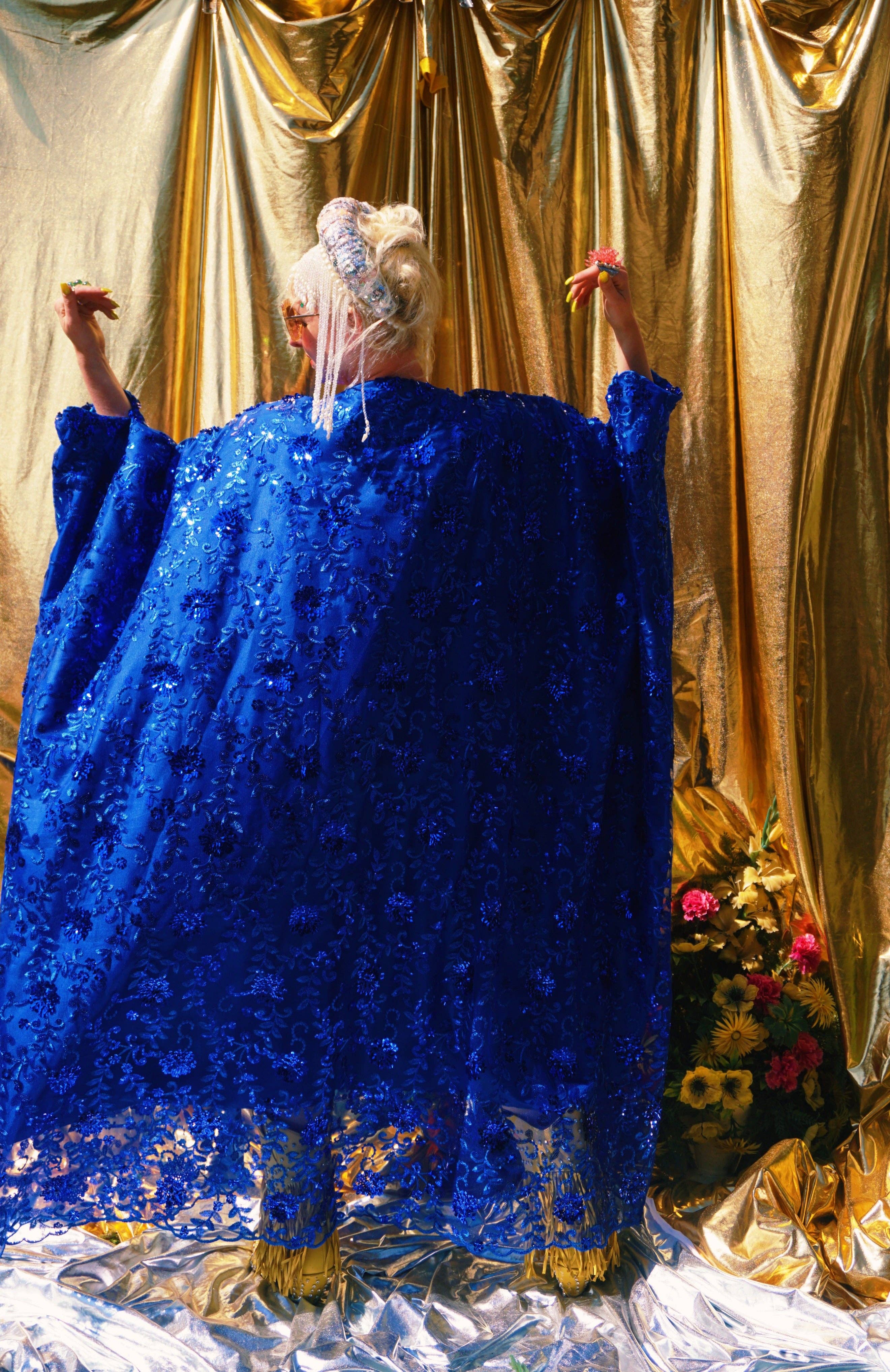 Desert Blue Lace Sequin V-Neck Kaftan Gown