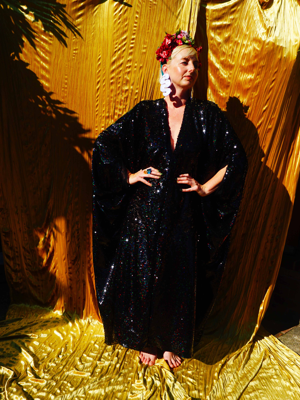 Petrol Black Holographic Sequin Maxi Kaftan Gown / Kimono Robe