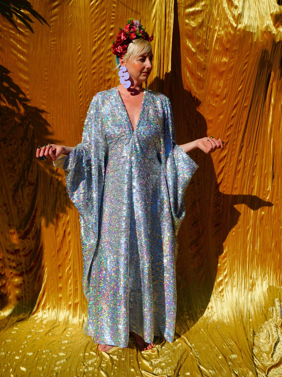 Silver Metallic Holographic/  Sequin Kaftan Gown / Dress