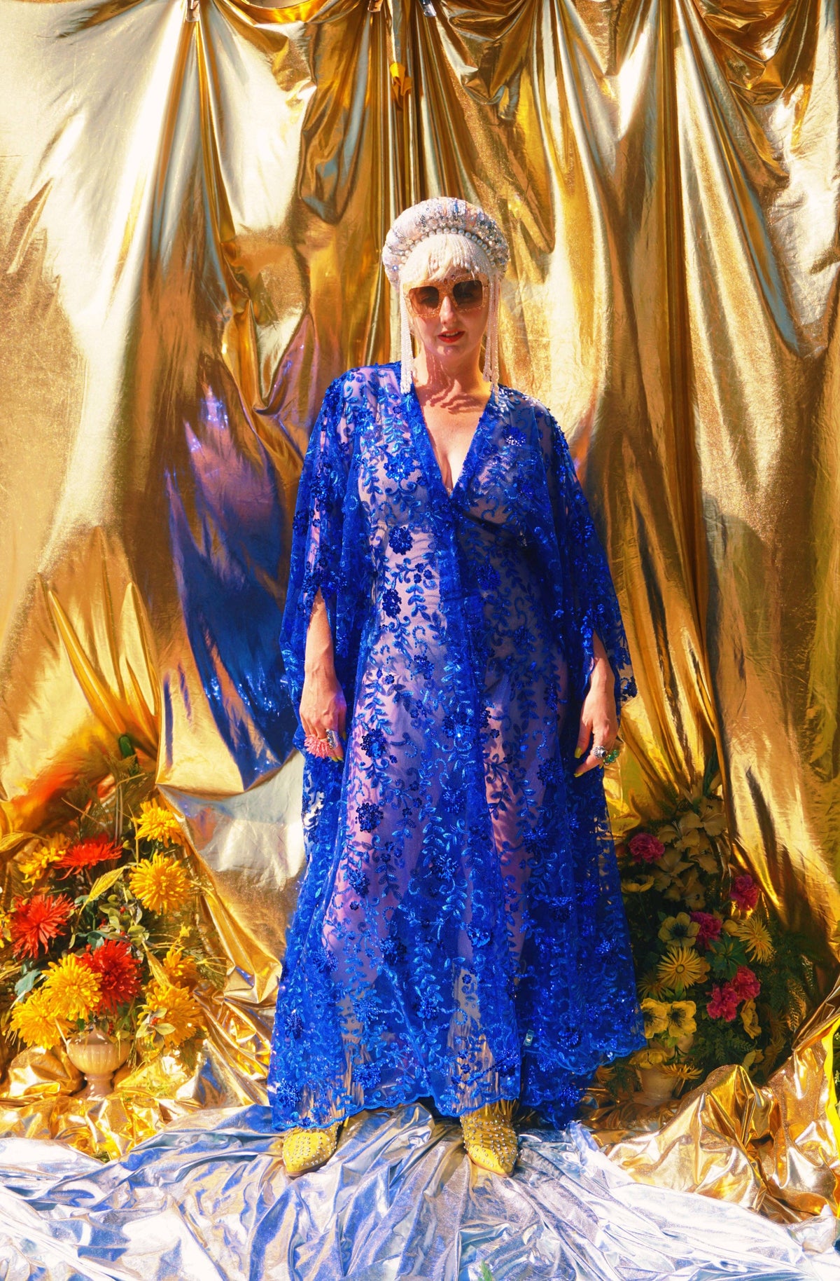 Desert Blue Lace Sequin V-Neck Kaftan Gown