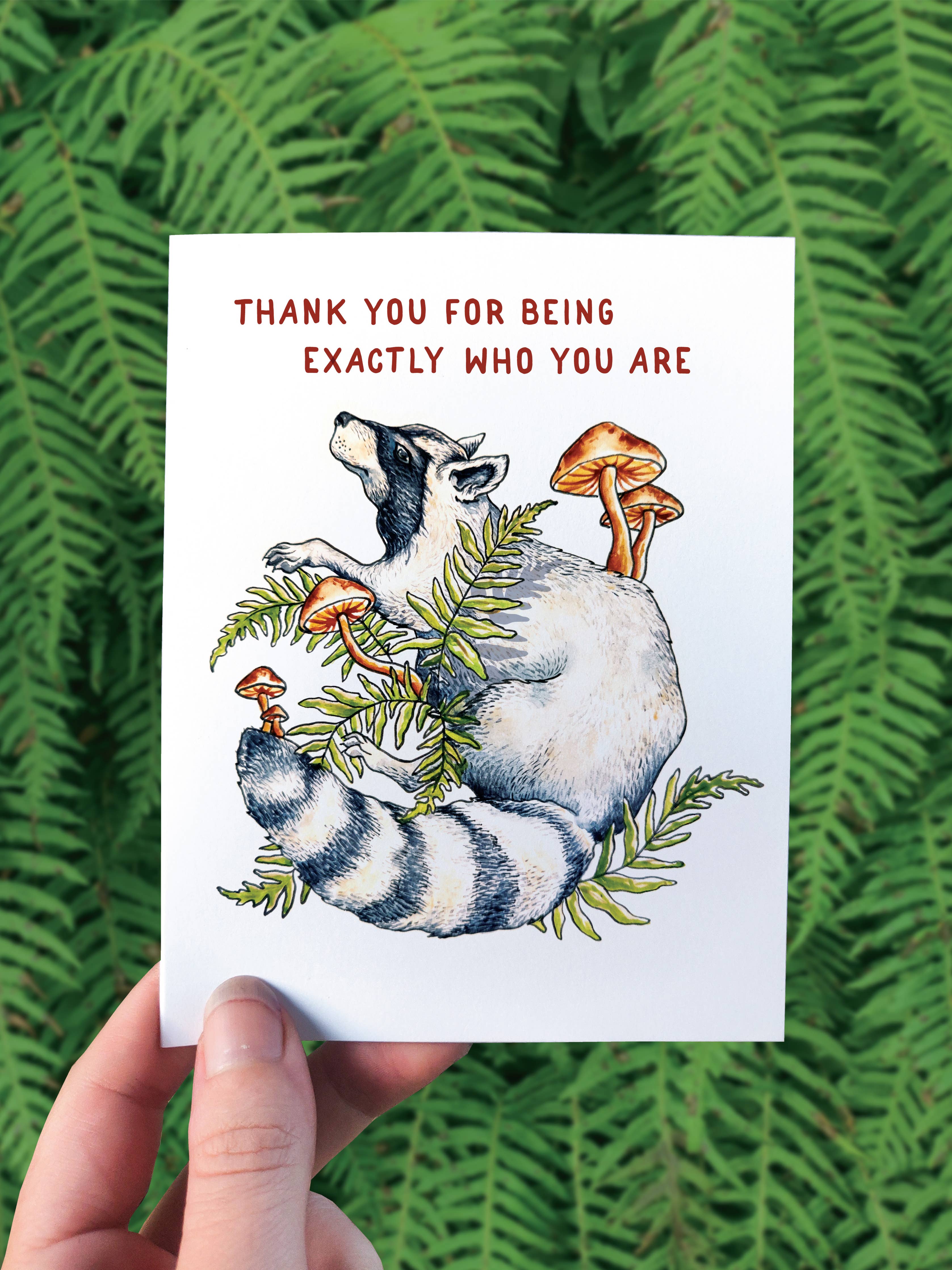 Raccoon Thanks - Greeting Card - PNW Nature Animal Mushroom