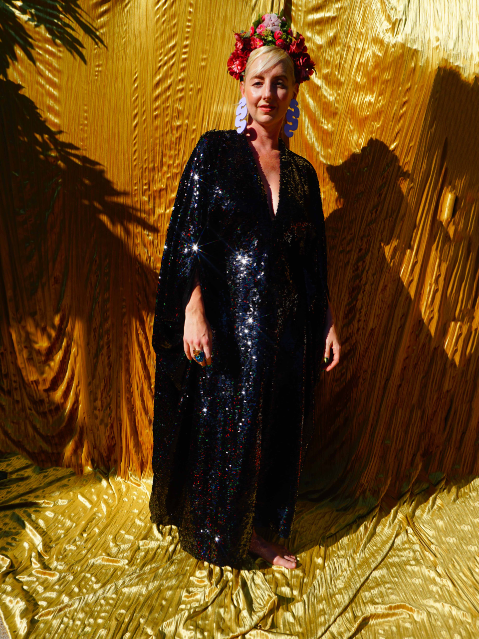 Petrol Black Holographic Sequin Maxi Kaftan Gown / Kimono Robe