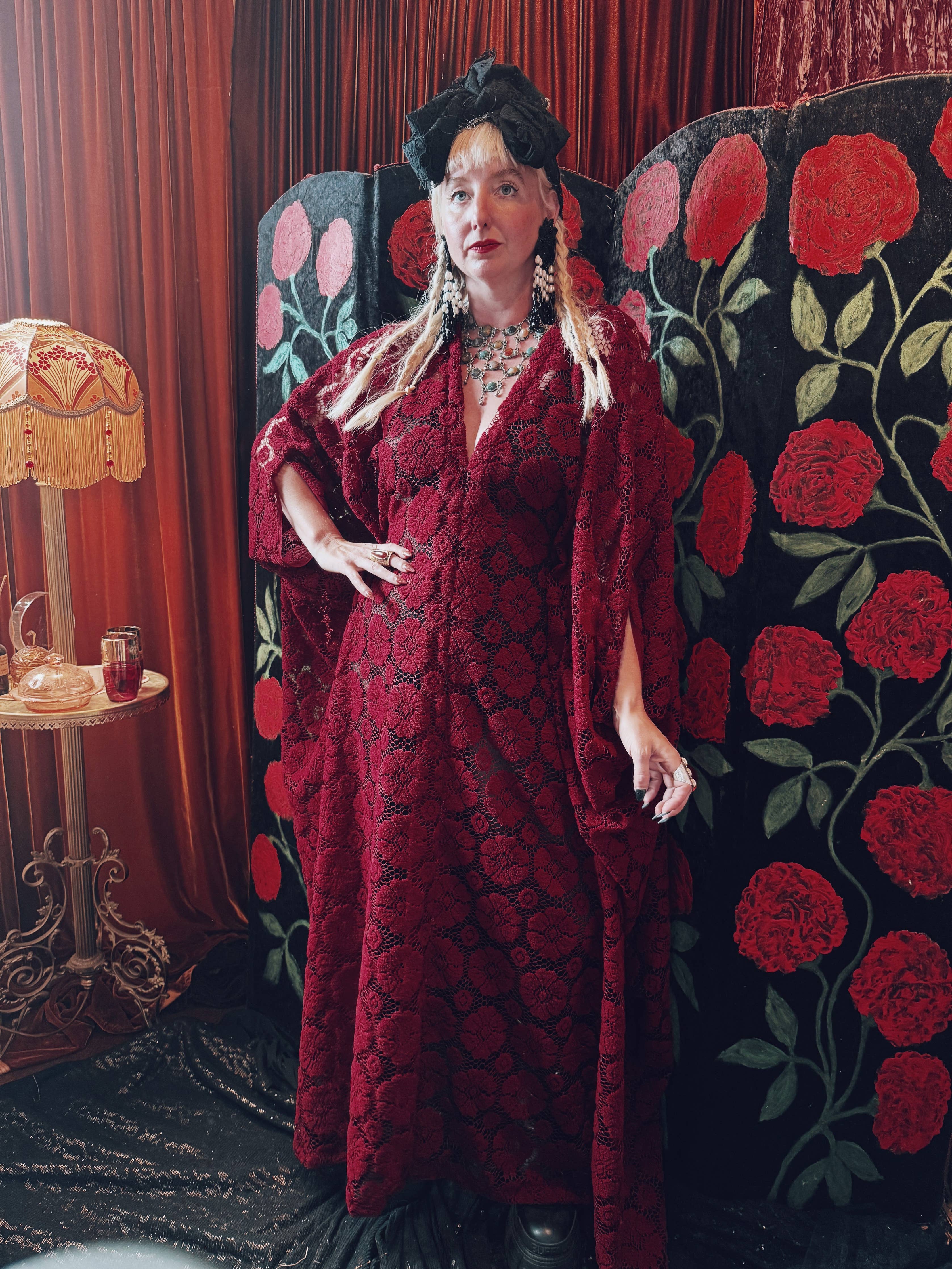 Crimson Moon Lace V-Neck Kaftan Gown