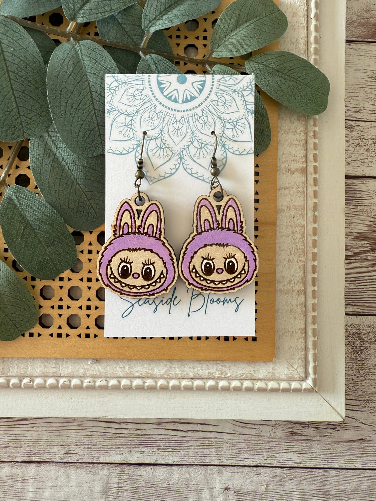 Labubu inspired monster style hand painted  wood earrings