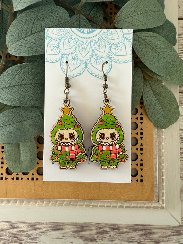 Labubu inspired monster Christmas hand painted wood earrings