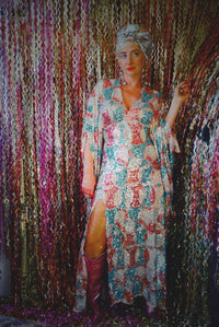 Pink, Blue and White Circle V-Neck Maxi Dress Kaftan