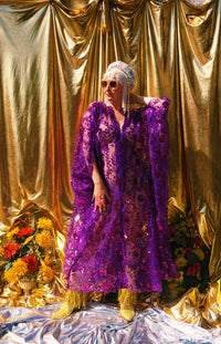 Desert Amethyst Lace Sequin V-Neck Kaftan Gown