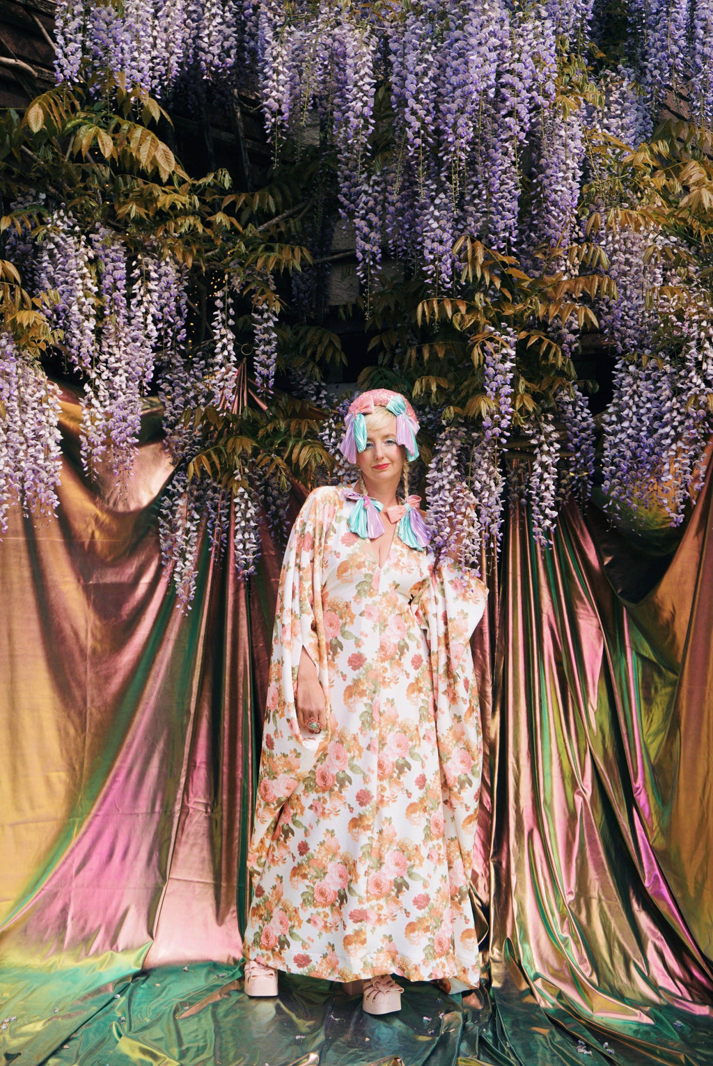 Pink Rose Garden V-Neck Kaftan Gown