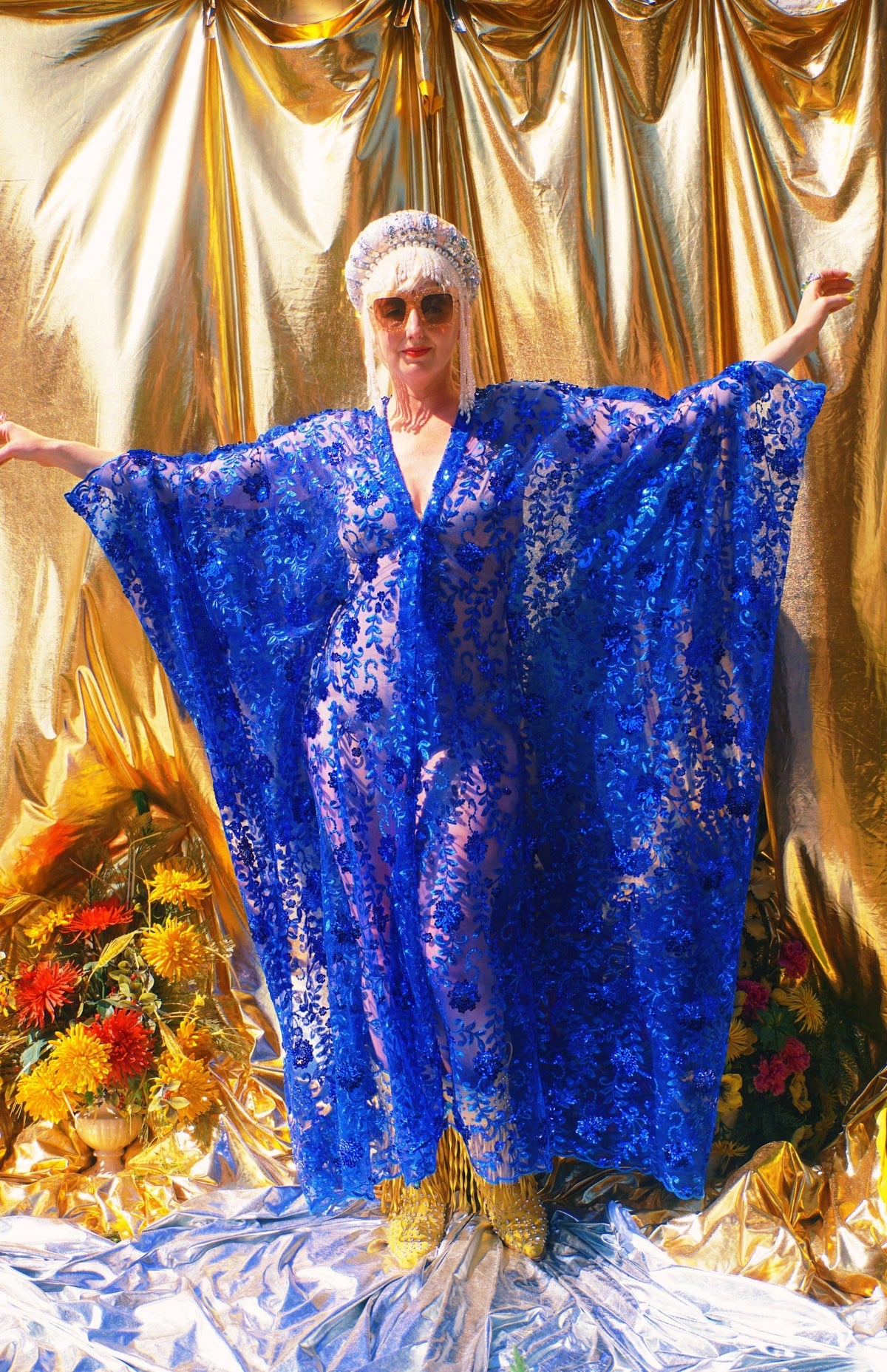 Desert Blue Lace Sequin V-Neck Kaftan Gown