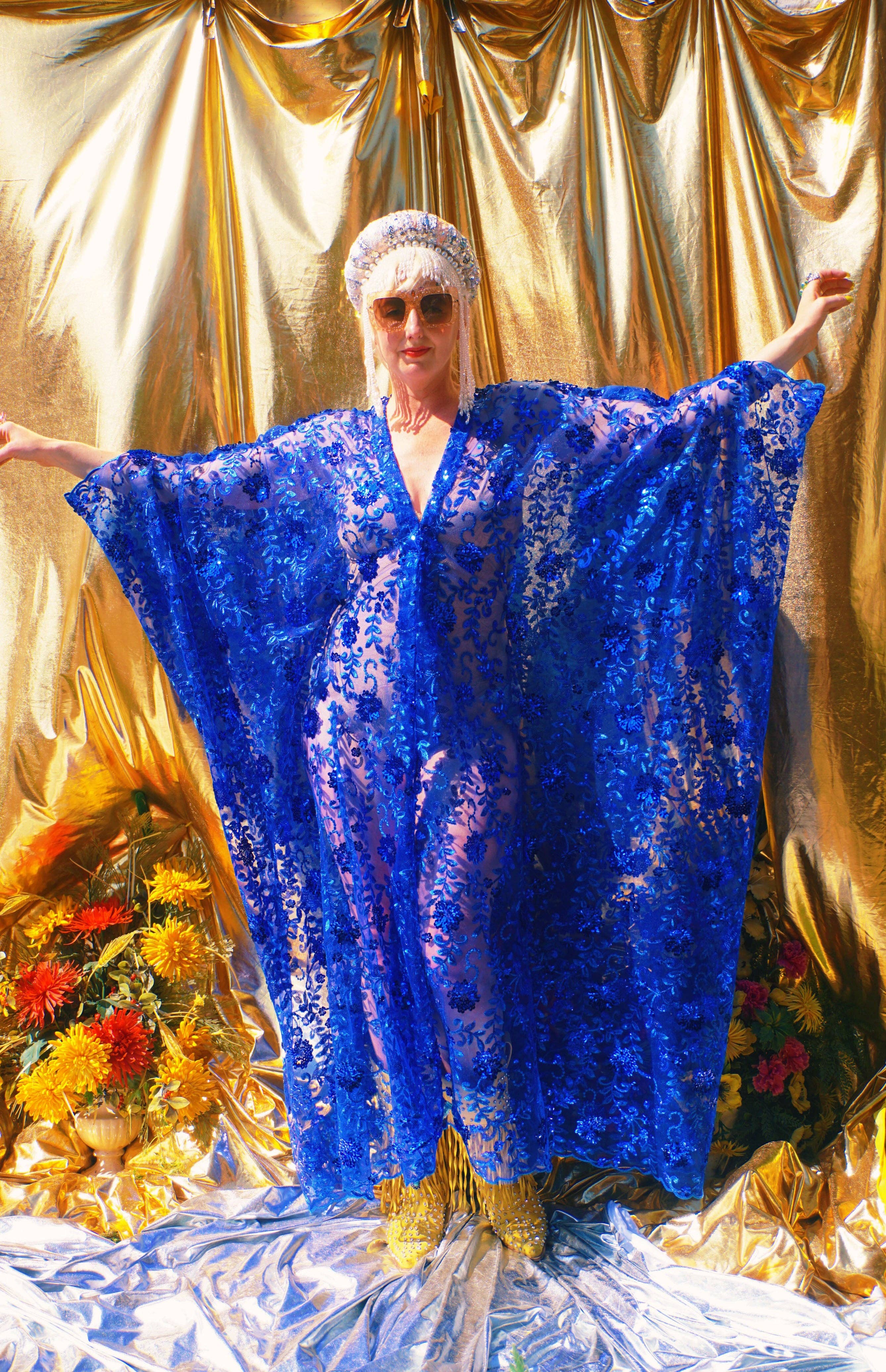 Desert Blue Lace Sequin V-Neck Kaftan Gown