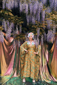 Golden Meadow Print V-Neck Kaftan Gown