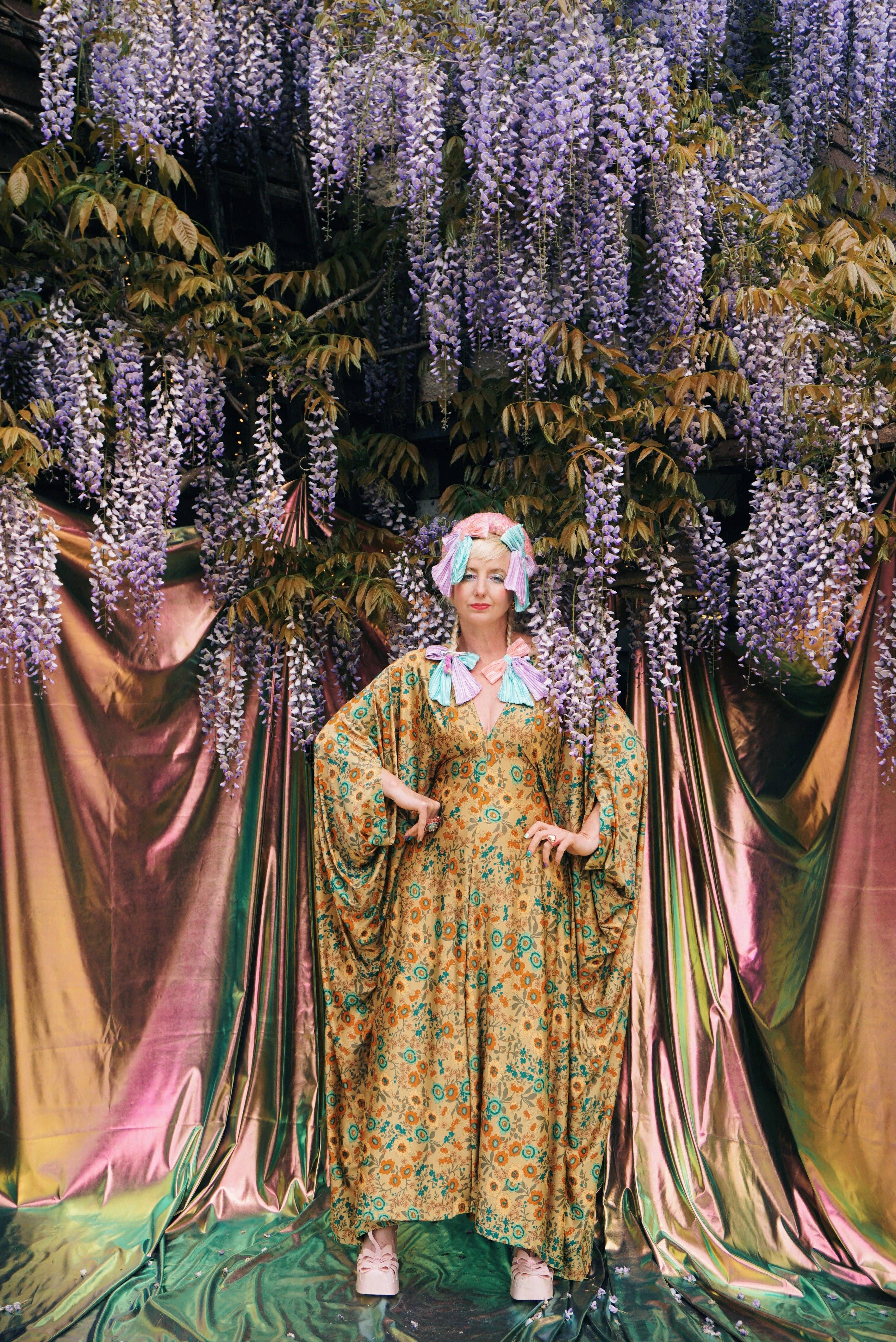 Golden Meadow Print V-Neck Kaftan Gown