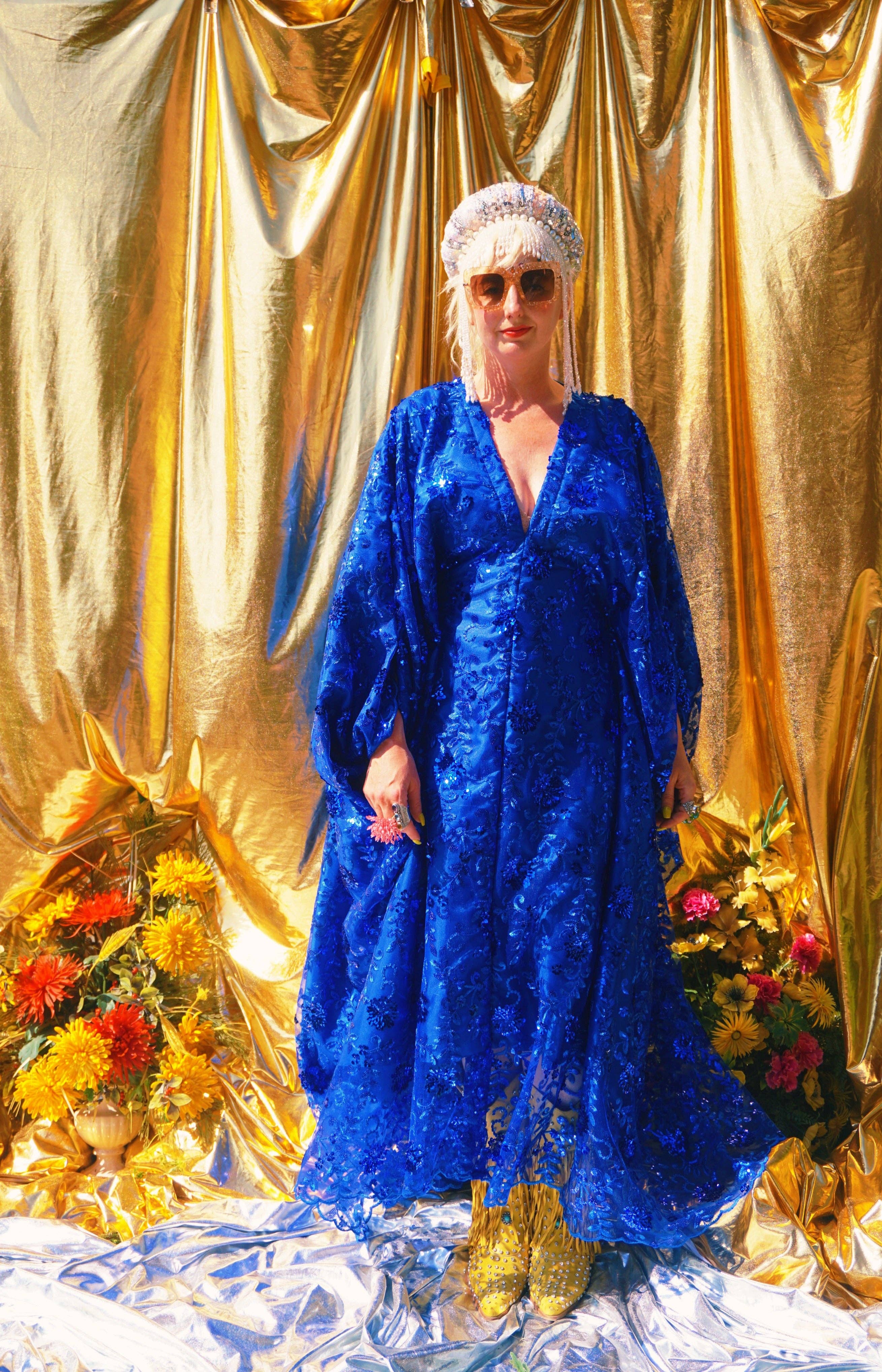 Desert Blue Lace Sequin V-Neck Kaftan Gown