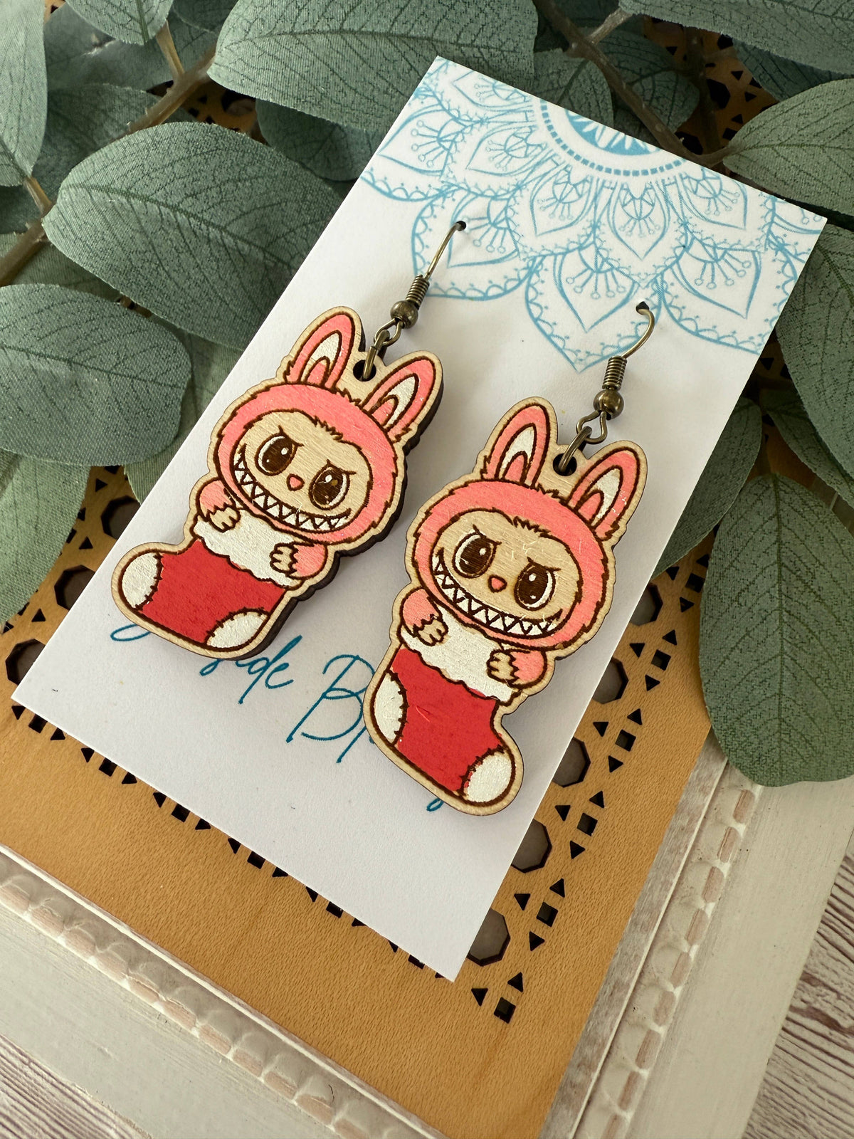 Labubu inspired monster Christmas hand painted wood earrings