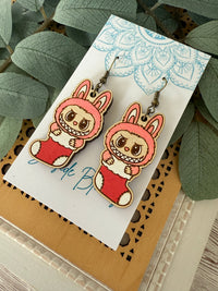 Labubu inspired monster Christmas hand painted wood earrings