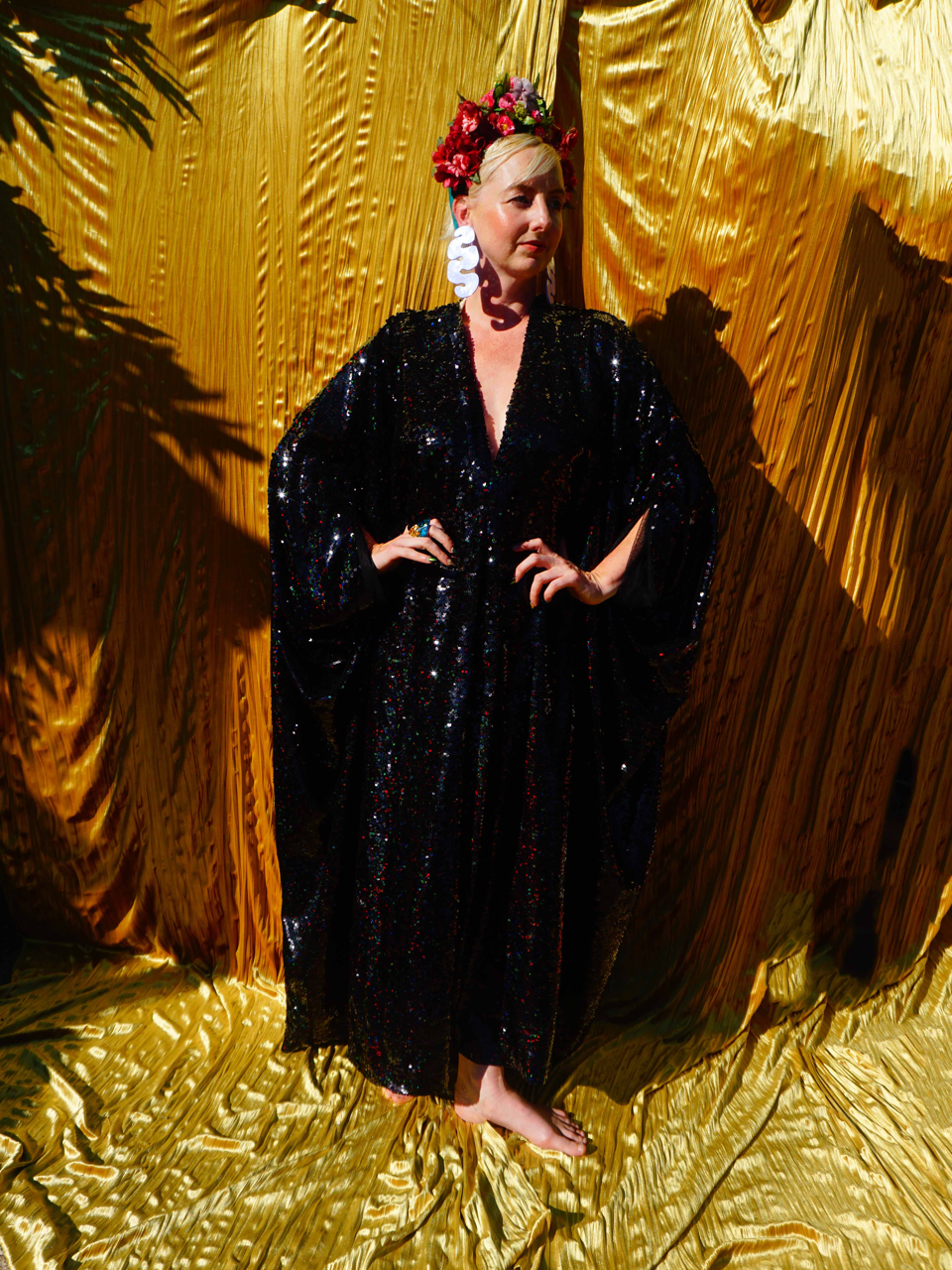 Petrol Black Holographic Sequin Maxi Kaftan Gown / Kimono Robe
