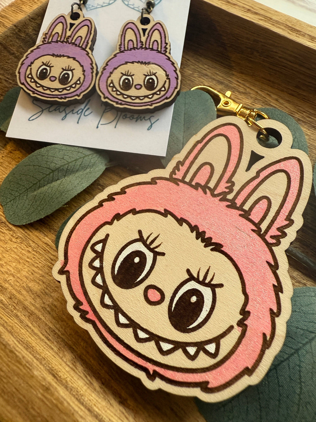 Labubu inspired monster style hand painted  wood earrings