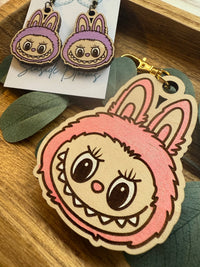 Labubu inspired monster style hand painted  wood earrings