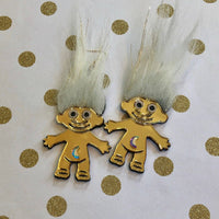 Furry Treasure Troll, Pink, White Or Blue, Acrylic Laser Cut Earrings, Plastic Jewelry