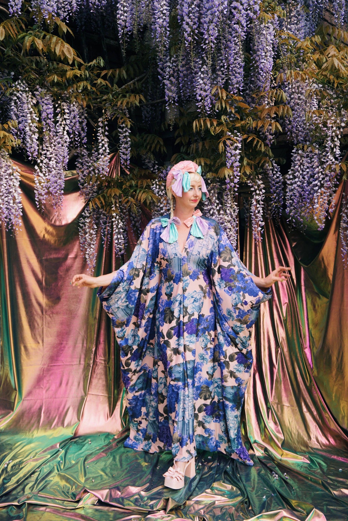 Blue Rose V-Neck Kaftan Gown