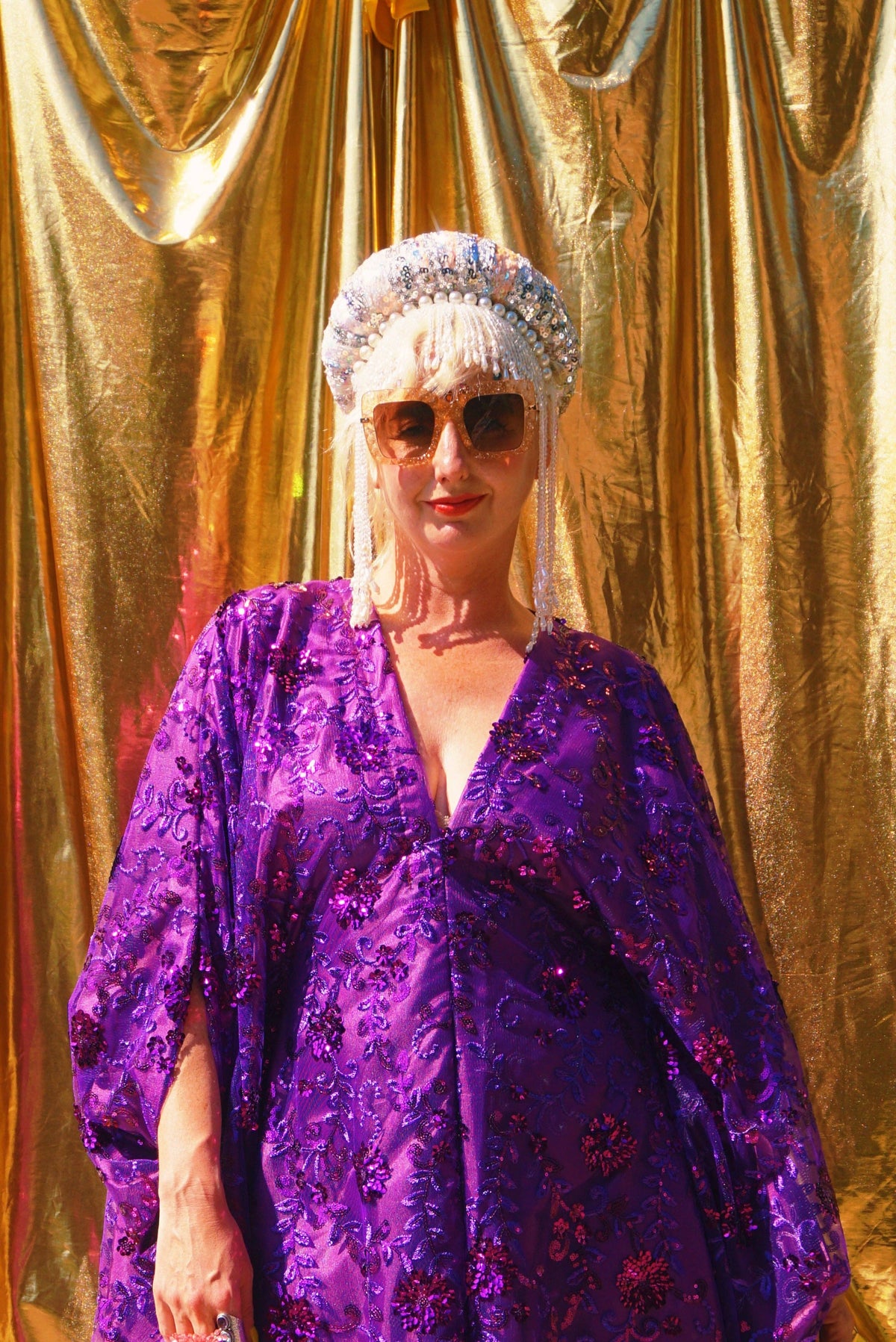 Desert Amethyst Lace Sequin V-Neck Kaftan Gown