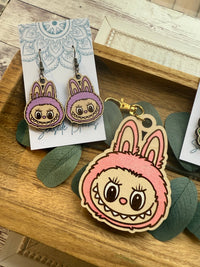 Labubu inspired monster style hand painted  wood earrings