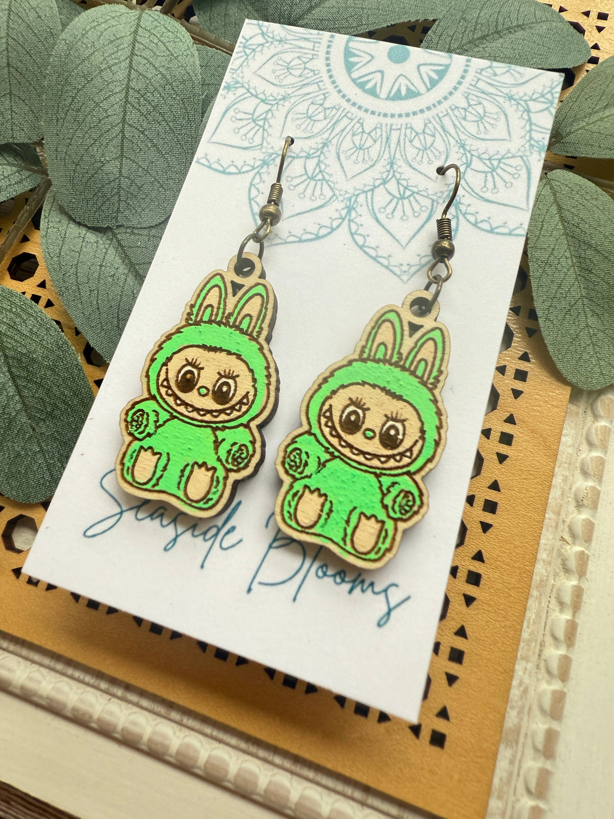 Labubu inspired monster style hand painted  wood earrings
