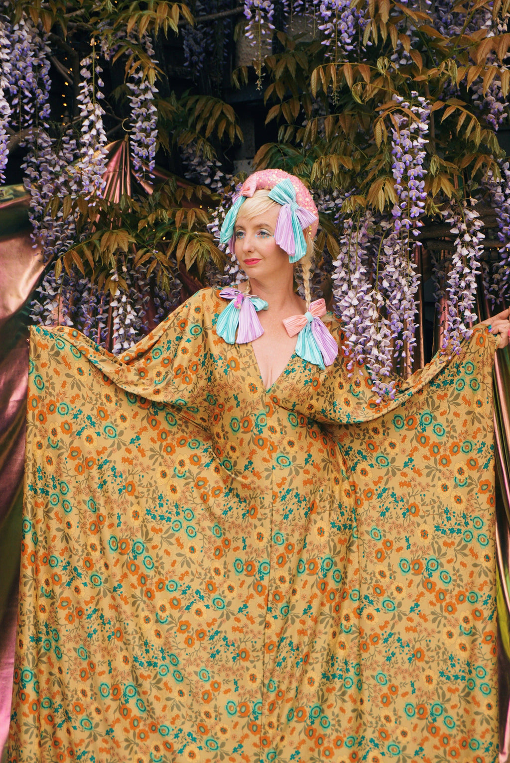 Golden Meadow Print V-Neck Kaftan Gown