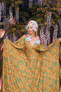 Golden Meadow Print V-Neck Kaftan Gown