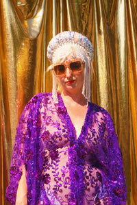 Desert Amethyst Lace Sequin V-Neck Kaftan Gown