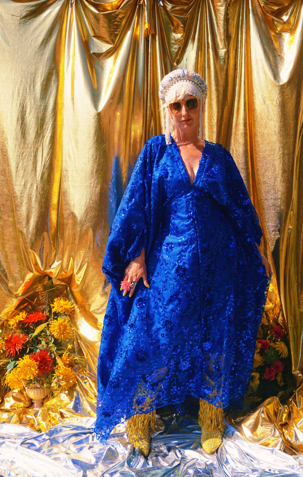 Desert Blue Lace Sequin V-Neck Kaftan Gown