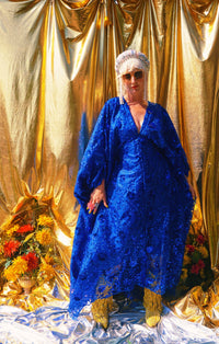 Desert Blue Lace Sequin V-Neck Kaftan Gown