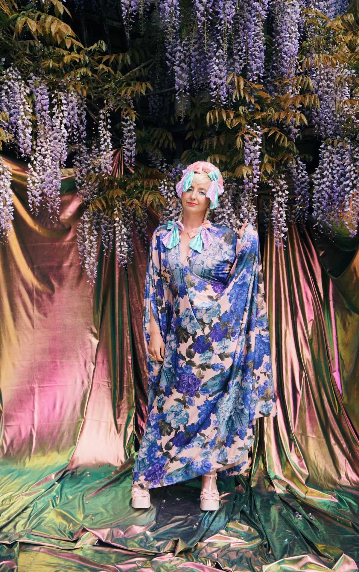 Blue Rose V-Neck Kaftan Gown