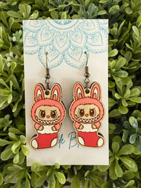 Labubu inspired monster Christmas hand painted wood earrings
