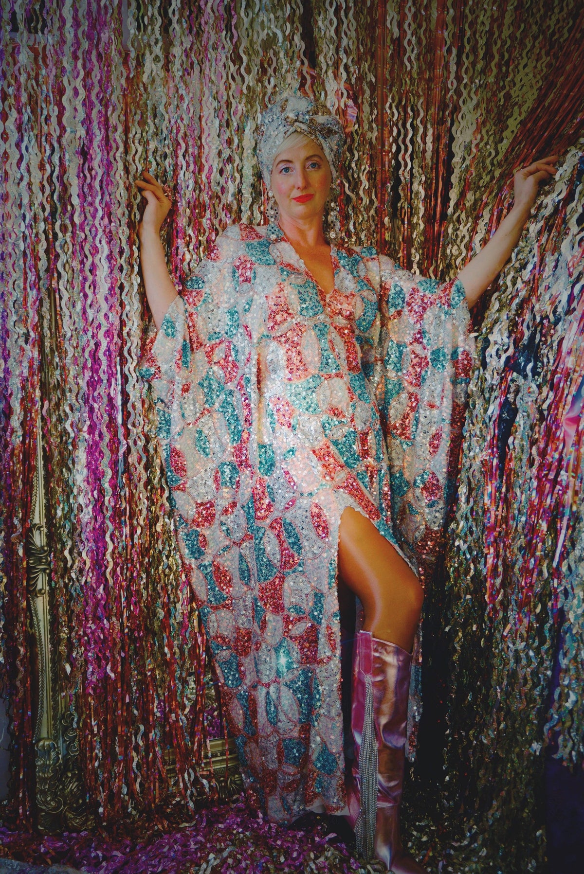 Pink, Blue and White Circle V-Neck Maxi Dress Kaftan