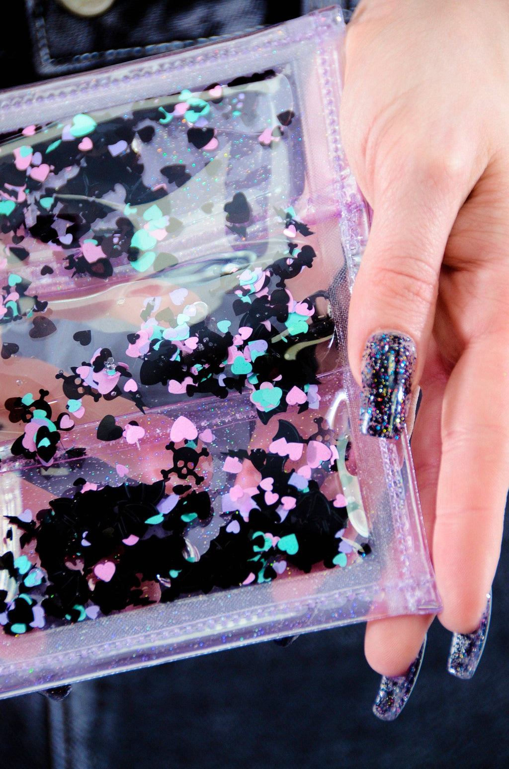 Liquid Glitter Tiny Wallet - Nocturnal Hearts - Clear