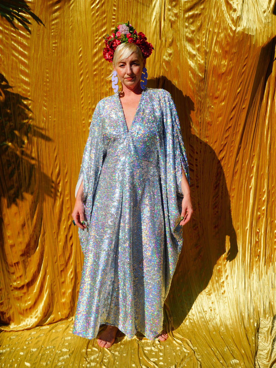 Silver Metallic Holographic/  Sequin Kaftan Gown / Dress