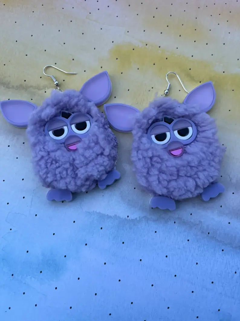 Furry Furby Earrings, Laser Cut Acrylic, Plastic Jewelry