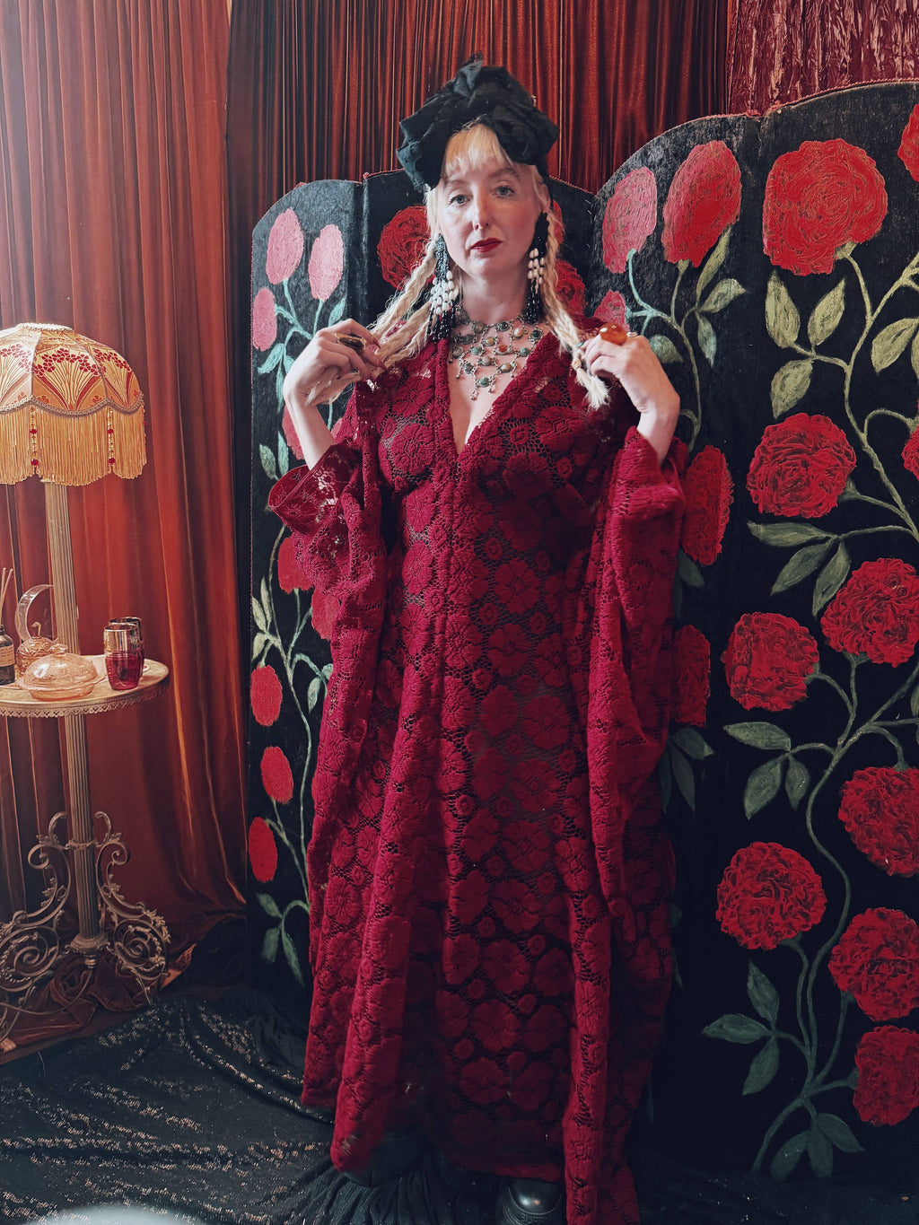 Crimson Moon Lace V-Neck Kaftan Gown